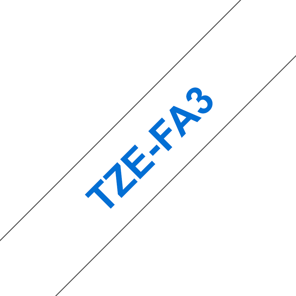 Originali Brother TZe-FA3 medžiaginės juostos kasetė – mėlynos raidės ant balto fono, 12 mm pločio